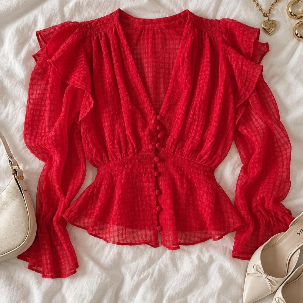 red ruffle top  red v neck button down long sleeve